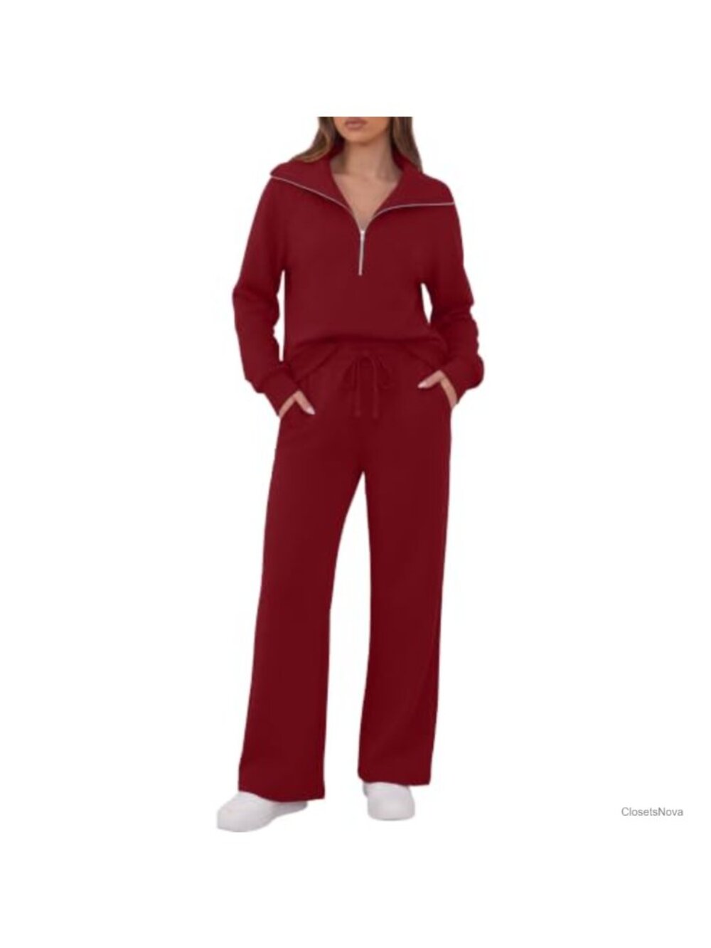 Womens 2 Piece Lounge Set Half Zip Top Wide Leg Pants Sweatsuit